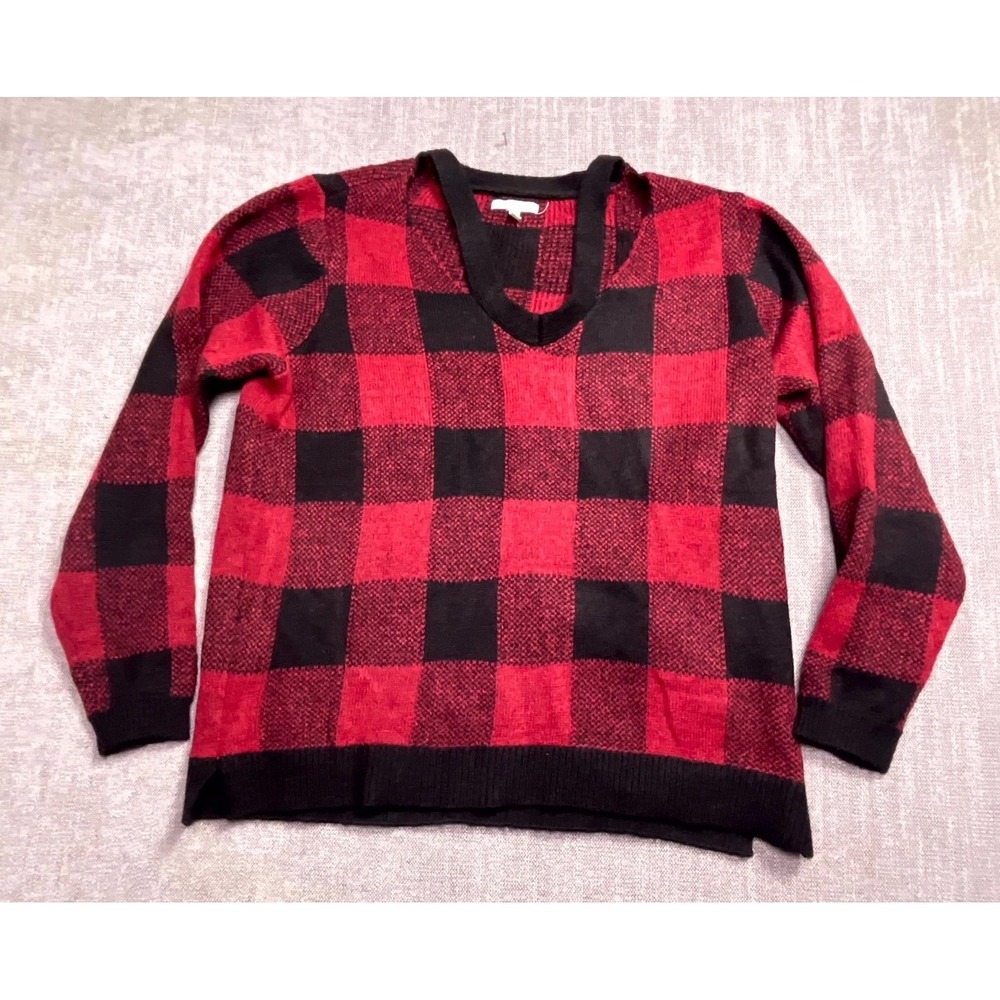 Maurices Sweater Womens XL Red Black Buffalo Plaid Knit V Neck Cut Out Winter